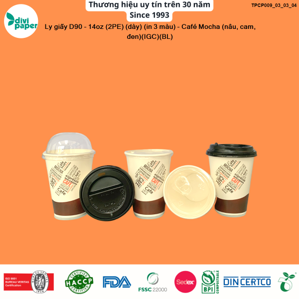 Ly giấy D90 - 14oz (2PE) (dày) (in 3 màu) - Café Mocha (nâu, cam, đen)(IGC)(BL)